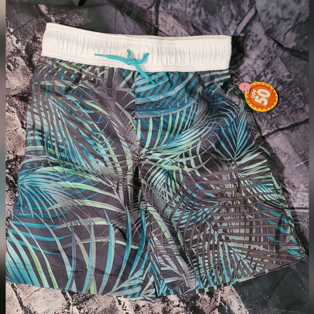 Boys George Swim Trunks - jungle Green palm 7-8 youth upf 50